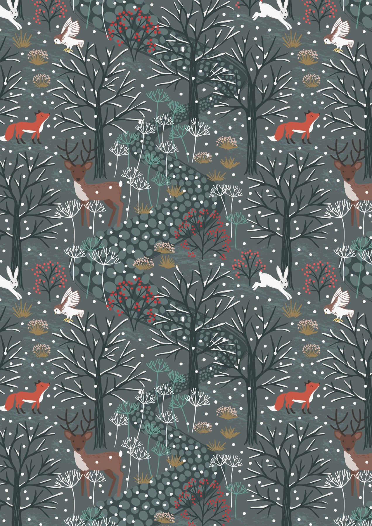 Irene & Lewis Winter in Bluebell Wood Flannel Winter Woods Dark Grey/Blue  F42.3